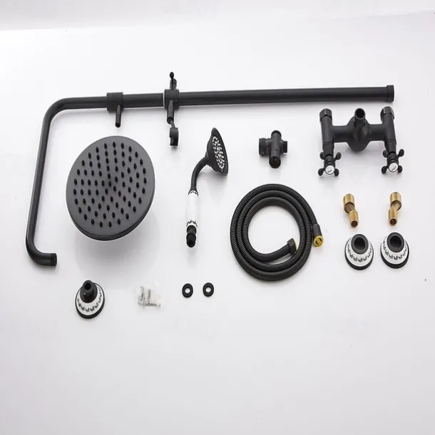 Two Handles Shower Systerm Set, Black Brass Faucet Three Holes Adjustable Electroplated Rainfall High Pressure Shower Mixer Taps with Rain Shower and Hand Shower