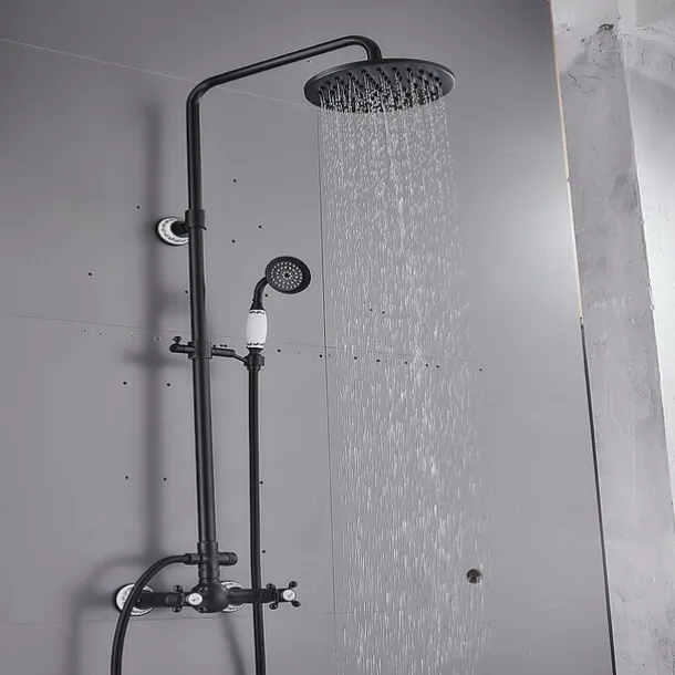 Two Handles Shower Systerm Set, Black Brass Faucet Three Holes Adjustable Electroplated Rainfall High Pressure Shower Mixer Taps with Rain Shower and Hand Shower