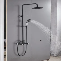 Two Handles Shower Systerm Set, Black Brass Faucet Three Holes Adjustable Electroplated Rainfall High Pressure Shower Mixer Taps with Rain Shower and Hand Shower