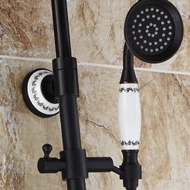 Two Handles Shower Systerm Set, Black Brass Faucet Three Holes Adjustable Electroplated Rainfall High Pressure Shower Mixer Taps with Rain Shower and Hand Shower