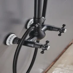 Two Handles Shower Systerm Set, Black Brass Faucet Three Holes Adjustable Electroplated Rainfall High Pressure Shower Mixer Taps with Rain Shower and Hand Shower