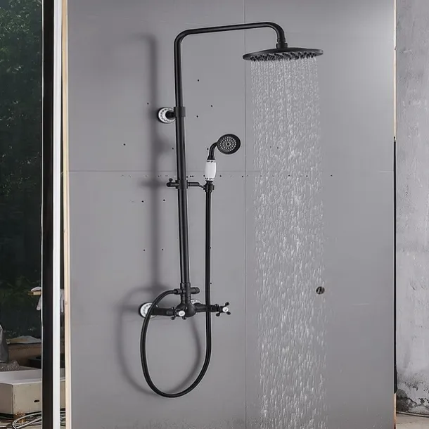 Two Handles Shower Systerm Set, Black Brass Faucet Three Holes Adjustable Electroplated Rainfall High Pressure Shower Mixer Taps with Rain Shower and Hand Shower