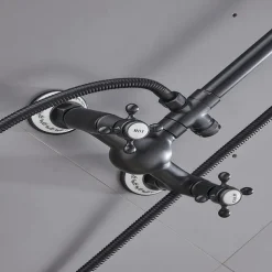 Two Handles Shower Systerm Set, Black Brass Faucet Three Holes Adjustable Electroplated Rainfall High Pressure Shower Mixer Taps with Rain Shower and Hand Shower