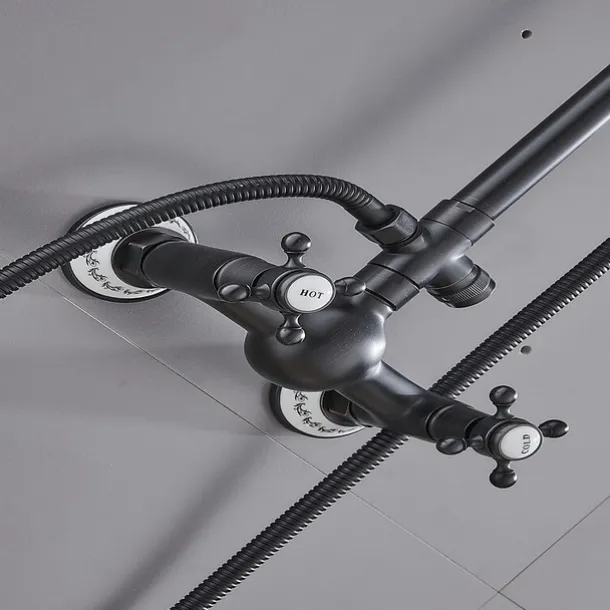 Two Handles Shower Systerm Set, Black Brass Faucet Three Holes Adjustable Electroplated Rainfall High Pressure Shower Mixer Taps with Rain Shower and Hand Shower