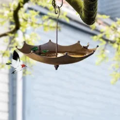 Umbrella-Shaped Bird Trough,Hanging Bird Feeder Tray for Outdoors Metal Bird Bath Pond or Drinker Metal Wild Bird Feeder for Outside Hanging Seed Platform