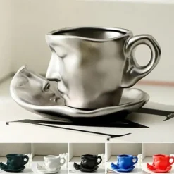 Unique Face Shaped Water Cup With Saucer, Creative Coffee Cup Set, Microwave And Dishwasher Safe