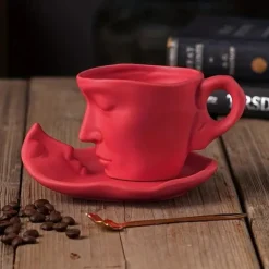 Unique Face Shaped Water Cup With Saucer, Creative Coffee Cup Set, Microwave And Dishwasher Safe