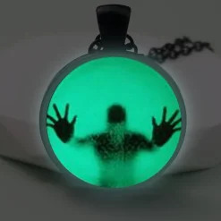 Unique Glass Pendant Necklace - Luminous Silhouette, Glowing Green, Metallic Chain for Night Events