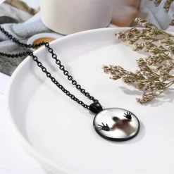 Unique Glass Pendant Necklace - Luminous Silhouette, Glowing Green, Metallic Chain for Night Events