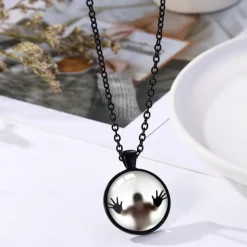 Unique Glass Pendant Necklace - Luminous Silhouette, Glowing Green, Metallic Chain for Night Events
