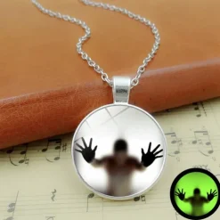 Unique Glass Pendant Necklace - Luminous Silhouette, Glowing Green, Metallic Chain for Night Events