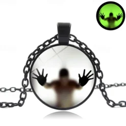 Unique Glass Pendant Necklace - Luminous Silhouette, Glowing Green, Metallic Chain for Night Events