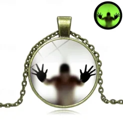 Unique Glass Pendant Necklace - Luminous Silhouette, Glowing Green, Metallic Chain for Night Events