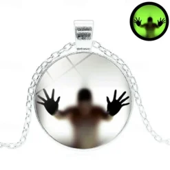 Unique Glass Pendant Necklace - Luminous Silhouette, Glowing Green, Metallic Chain for Night Events