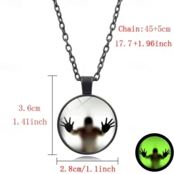 Unique Glass Pendant Necklace - Luminous Silhouette, Glowing Green, Metallic Chain for Night Events