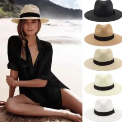 Unisex Summer Sun Hat, Panama Straw Wide Brim UV Protection Hat, Beach Hat for Travel & Outdoor, Sunshade for Men & Women