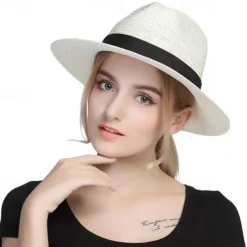 Unisex Summer Sun Hat, Panama Straw Wide Brim UV Protection Hat, Beach Hat for Travel & Outdoor, Sunshade for Men & Women