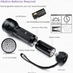 UV LED Flashlights Outdoor 51 LEDs 395nm Ultra Violet Torch Light Lamp Blacklight Detector for Dog Urine Pet Stains and Bed Bug