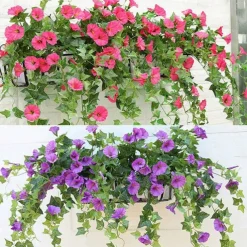 UV Simulation Artificial Morning Glory,Simulation Artificial Flower Bouquet - Fade Resistant Outdoor Flowers,Fake Petunias,Realistic Hanging Plants Flowers Vines Garden Yard Decoration