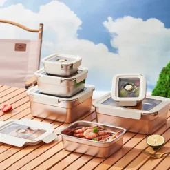 Vacuum Food Container Food-Grade SUS304 Sealed Food Storage Box Bento Lunch Box for Fruits, Refrigerator Safe, Airtight Meal Container (Square)