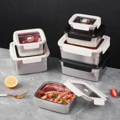 Vacuum Food Container Food-Grade SUS304 Sealed Food Storage Box Bento Lunch Box for Fruits, Refrigerator Safe, Airtight Meal Container (Square)