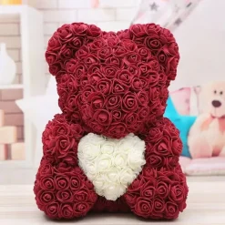 Valentines Day Gifts for Her,Rose Bear with Heart 25/40cm Artificial Rose Flower Bear, Romantic Gift for Valentines Day, Wedding, Mothers Day and Anniversary, Including Transparent Gift Box