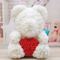 Valentines Day Gifts for Her,Rose Bear with Heart 25/40cm Artificial Rose Flower Bear, Romantic Gift for Valentines Day, Wedding, Mothers Day and Anniversary, Including Transparent Gift Box
