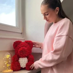 Valentines Day Gifts for Her,Rose Bear with Heart 25/40cm Artificial Rose Flower Bear, Romantic Gift for Valentines Day, Wedding, Mothers Day and Anniversary, Including Transparent Gift Box
