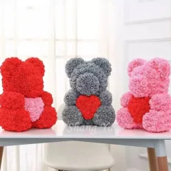 Valentines Day Gifts for Her,Rose Bear with Heart 25/40cm Artificial Rose Flower Bear, Romantic Gift for Valentines Day, Wedding, Mothers Day and Anniversary, Including Transparent Gift Box
