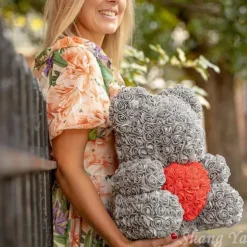 Valentines Day Gifts for Her,Rose Bear with Heart 25/40cm Artificial Rose Flower Bear, Romantic Gift for Valentines Day, Wedding, Mothers Day and Anniversary, Including Transparent Gift Box