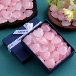 Valentine's Day Heart-Shaped Stone Gift Box, 2cm Rose Quartz Heart Stone, Natural Peach Rose Quartz, Heart-Shaped Crystal Stone in Gift Box, Romantic Gift for Lovers
