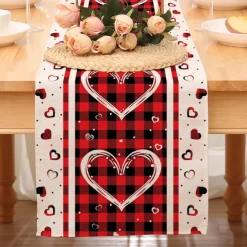 Valentines Day Table Runner Holiday Table Runner Seasonal Farmhouse Burlap Table Cloth for Wedding Anniversary Home Kitchen Dinner Table Party Decor