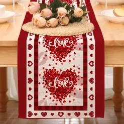 Valentines Day Table Runner Holiday Table Runner Seasonal Farmhouse Burlap Table Cloth for Wedding Anniversary Home Kitchen Dinner Table Party Decor