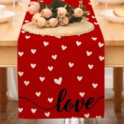 Valentines Day Table Runner Holiday Table Runner Seasonal Farmhouse Burlap Table Cloth for Wedding Anniversary Home Kitchen Dinner Table Party Decor