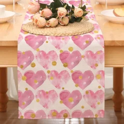 Valentines Day Table Runner Holiday Table Runner Seasonal Farmhouse Burlap Table Cloth for Wedding Anniversary Home Kitchen Dinner Table Party Decor