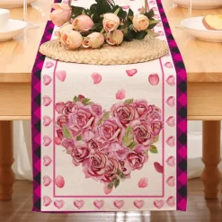 Valentines Day Table Runner Holiday Table Runner Seasonal Farmhouse Burlap Table Cloth for Wedding Anniversary Home Kitchen Dinner Table Party Decor
