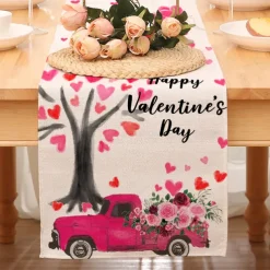 Valentines Day Table Runner Holiday Table Runner Seasonal Farmhouse Burlap Table Cloth for Wedding Anniversary Home Kitchen Dinner Table Party Decor