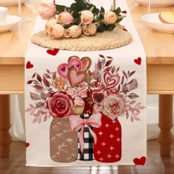 Valentines Day Table Runner Holiday Table Runner Seasonal Farmhouse Burlap Table Cloth for Wedding Anniversary Home Kitchen Dinner Table Party Decor