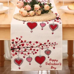 Valentines Day Table Runner Holiday Table Runner Seasonal Farmhouse Burlap Table Cloth for Wedding Anniversary Home Kitchen Dinner Table Party Decor