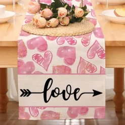 Valentines Day Table Runner Holiday Table Runner Seasonal Farmhouse Burlap Table Cloth for Wedding Anniversary Home Kitchen Dinner Table Party Decor