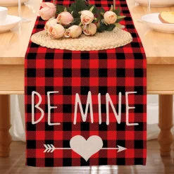 Valentines Day Table Runner Holiday Table Runner Seasonal Farmhouse Burlap Table Cloth for Wedding Anniversary Home Kitchen Dinner Table Party Decor