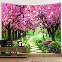 Valentine's Day Wall Tapestry Art Decor Blanket Curtain Picnic Tablecloth Hanging Home Bedroom Living Room Dorm Decoration Nature Landscape Garden Tree Flower Blossom Pathway