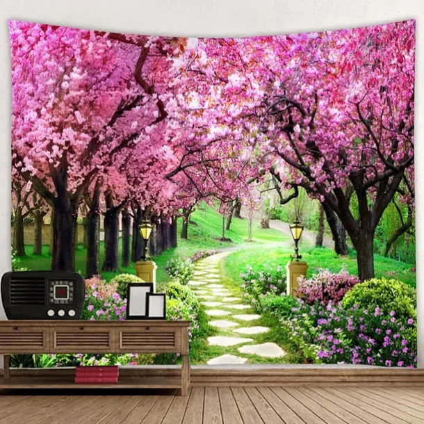 Valentine's Day Wall Tapestry Art Decor Blanket Curtain Picnic Tablecloth Hanging Home Bedroom Living Room Dorm Decoration Nature Landscape Garden Tree Flower Blossom Pathway