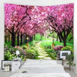 Valentine's Day Wall Tapestry Art Decor Blanket Curtain Picnic Tablecloth Hanging Home Bedroom Living Room Dorm Decoration Nature Landscape Garden Tree Flower Blossom Pathway