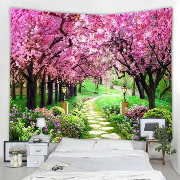 Valentine's Day Wall Tapestry Art Decor Blanket Curtain Picnic Tablecloth Hanging Home Bedroom Living Room Dorm Decoration Nature Landscape Garden Tree Flower Blossom Pathway