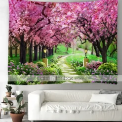 Valentine's Day Wall Tapestry Art Decor Blanket Curtain Picnic Tablecloth Hanging Home Bedroom Living Room Dorm Decoration Nature Landscape Garden Tree Flower Blossom Pathway