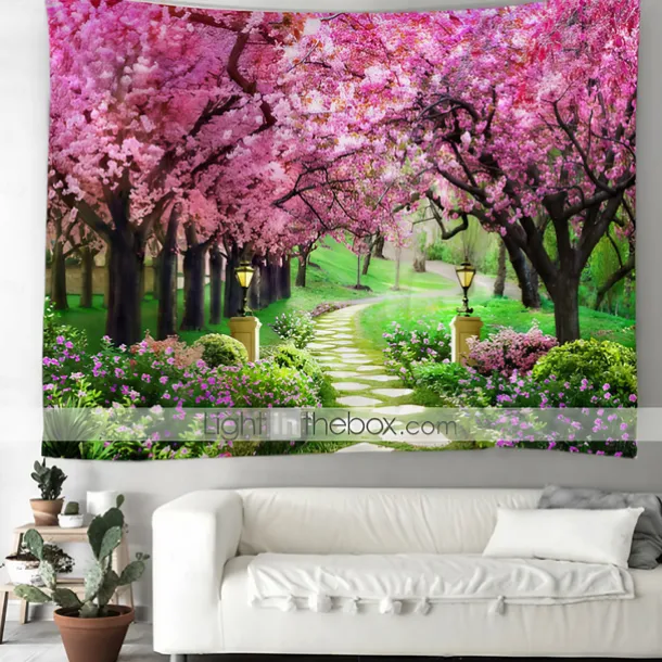Valentine's Day Wall Tapestry Art Decor Blanket Curtain Picnic Tablecloth Hanging Home Bedroom Living Room Dorm Decoration Nature Landscape Garden Tree Flower Blossom Pathway