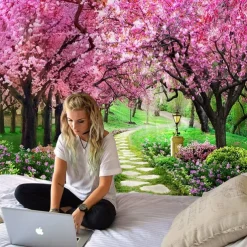 Valentine's Day Wall Tapestry Art Decor Blanket Curtain Picnic Tablecloth Hanging Home Bedroom Living Room Dorm Decoration Nature Landscape Garden Tree Flower Blossom Pathway
