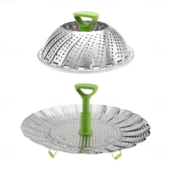 Vegetable Steamer Basket for Cooking Food, Stainless Steel Veggie Steam Basket for Pot, Folding Expandable Steaming Insert with Extendable Handle Fits Various Size Pot