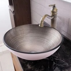 Vessle Sink Circular Stripe Design Basin Modern Tempered Glass Vessel Sink for Bathroom Bathroom Sink Set with Vintage Faucet